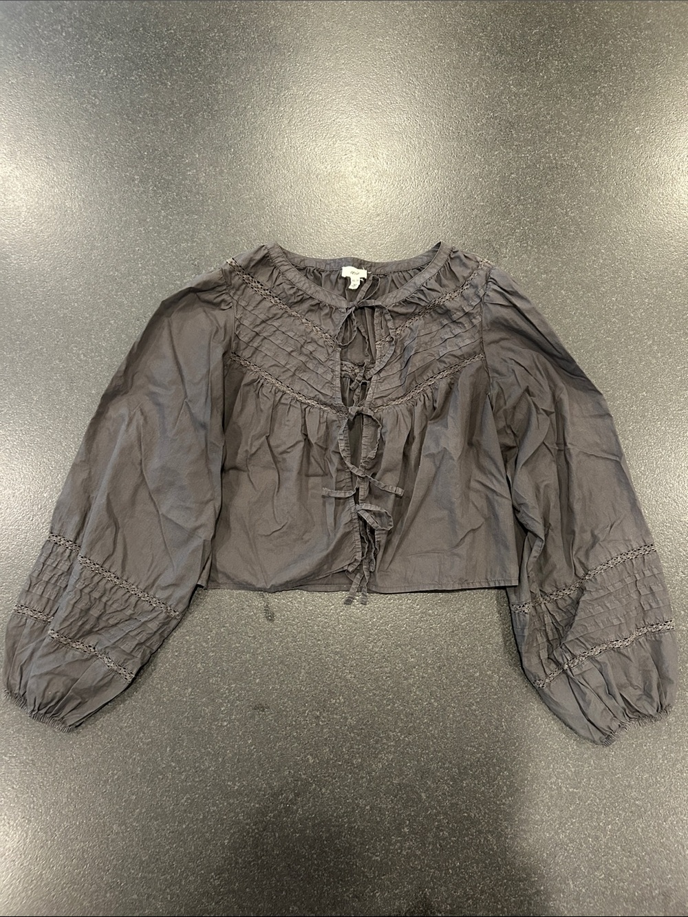 Aerie Tie-Front Blouse Top, Charcoal Grey, Billowing Sleeves, Embroidery Details